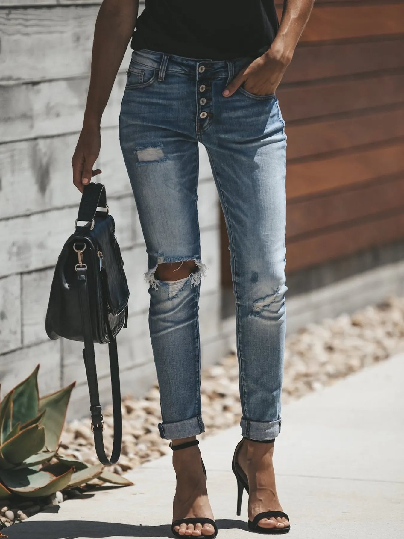 Hazel Blues® |  Distressed Button-Fly Skinny Jeans