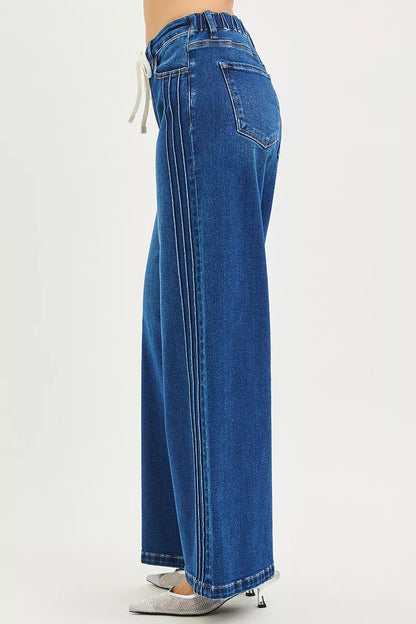 Hazel Blues® | RISEN Mid Rise Wide Side Pintuck Jeans with Front Drawstring