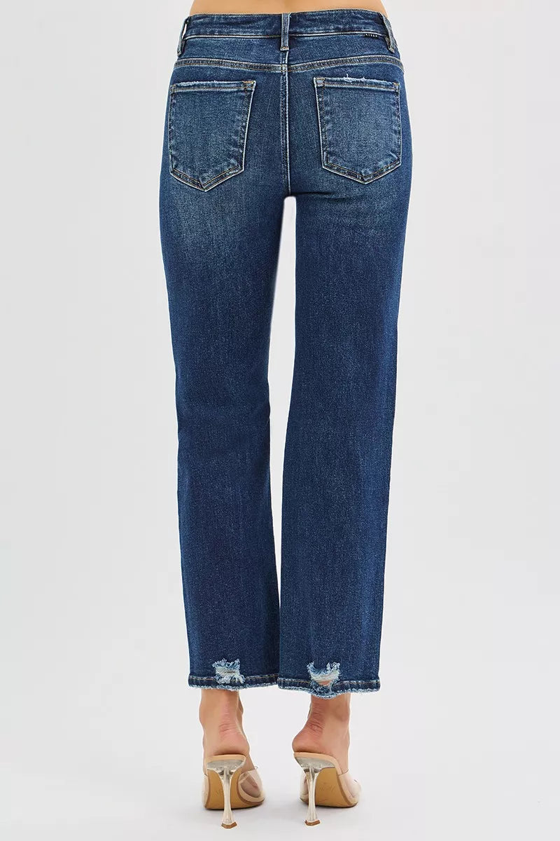 Hazel Blues® |  RISEN High Rise Crop Slim Straight Jenas with Hidden Knee Patch