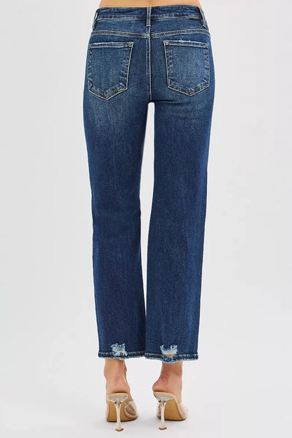Hazel Blues® |  RISEN High Rise Crop Slim Straight Jenas with Hidden Knee Patch