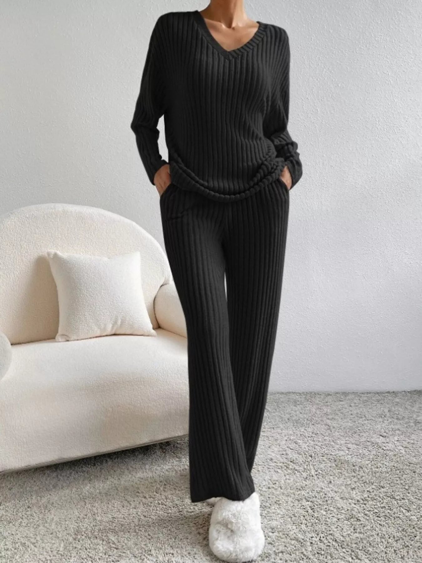 Hazel Blues® |  Ribbed Knit V-Neck Top and Pants Set