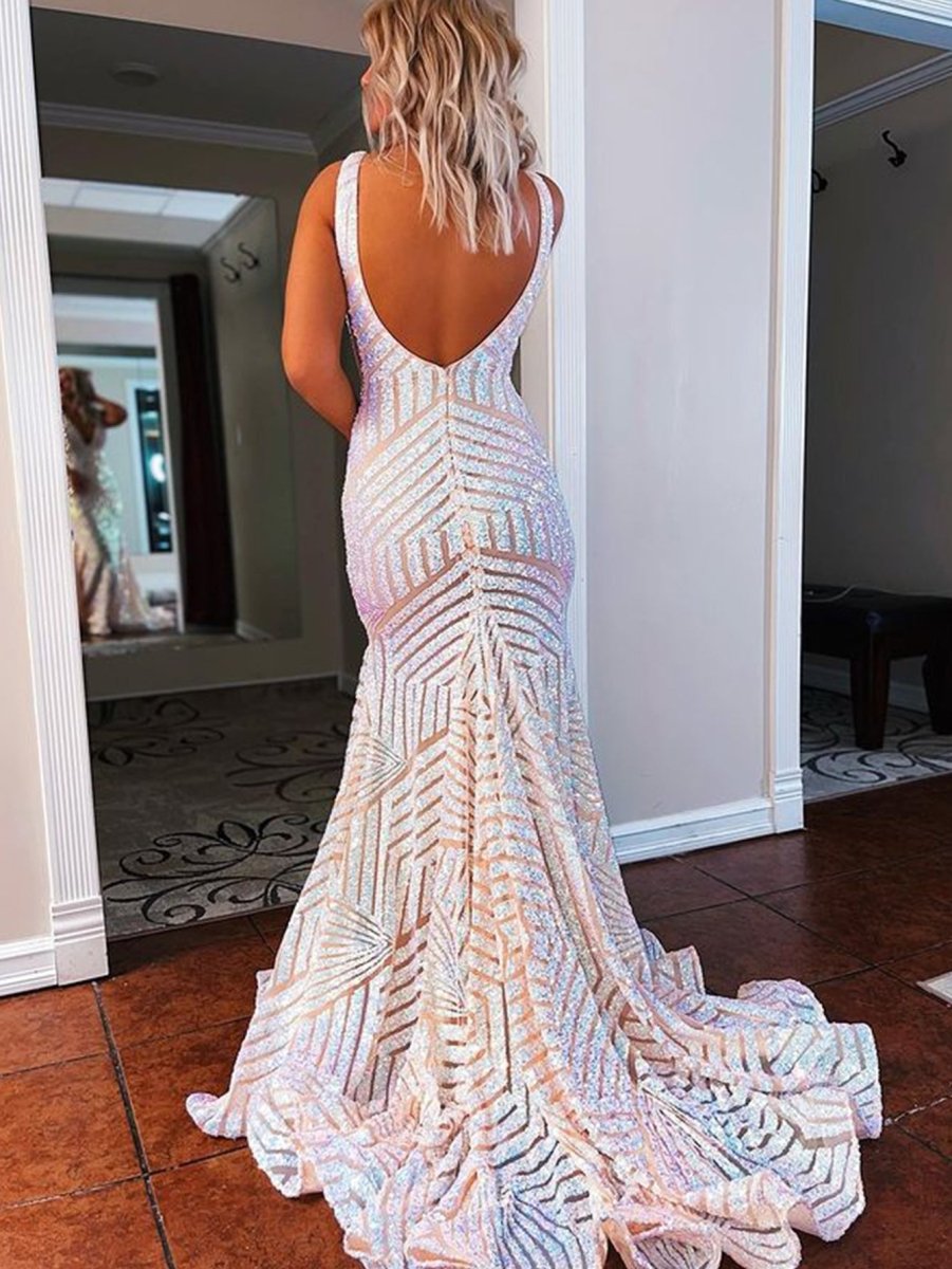 Deep V Neck Pink Sequins Mermaid Long Prom Dress