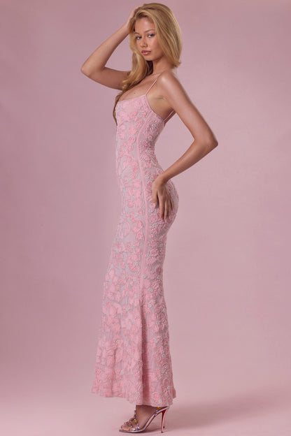 Embellished Square Neck Maxi Dress in Blush Pink