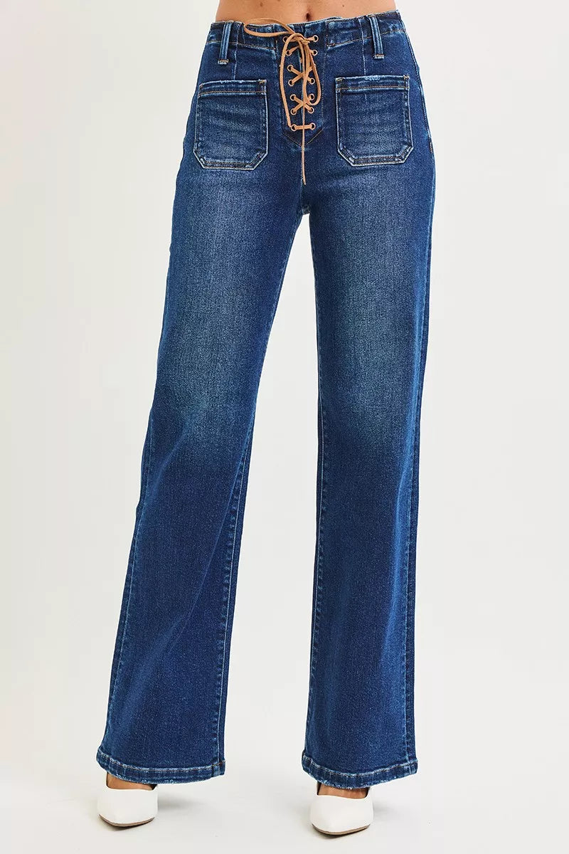 Hazel Blues® | RISEN High Rise Wide Leg Jeans with Front Tie Detail