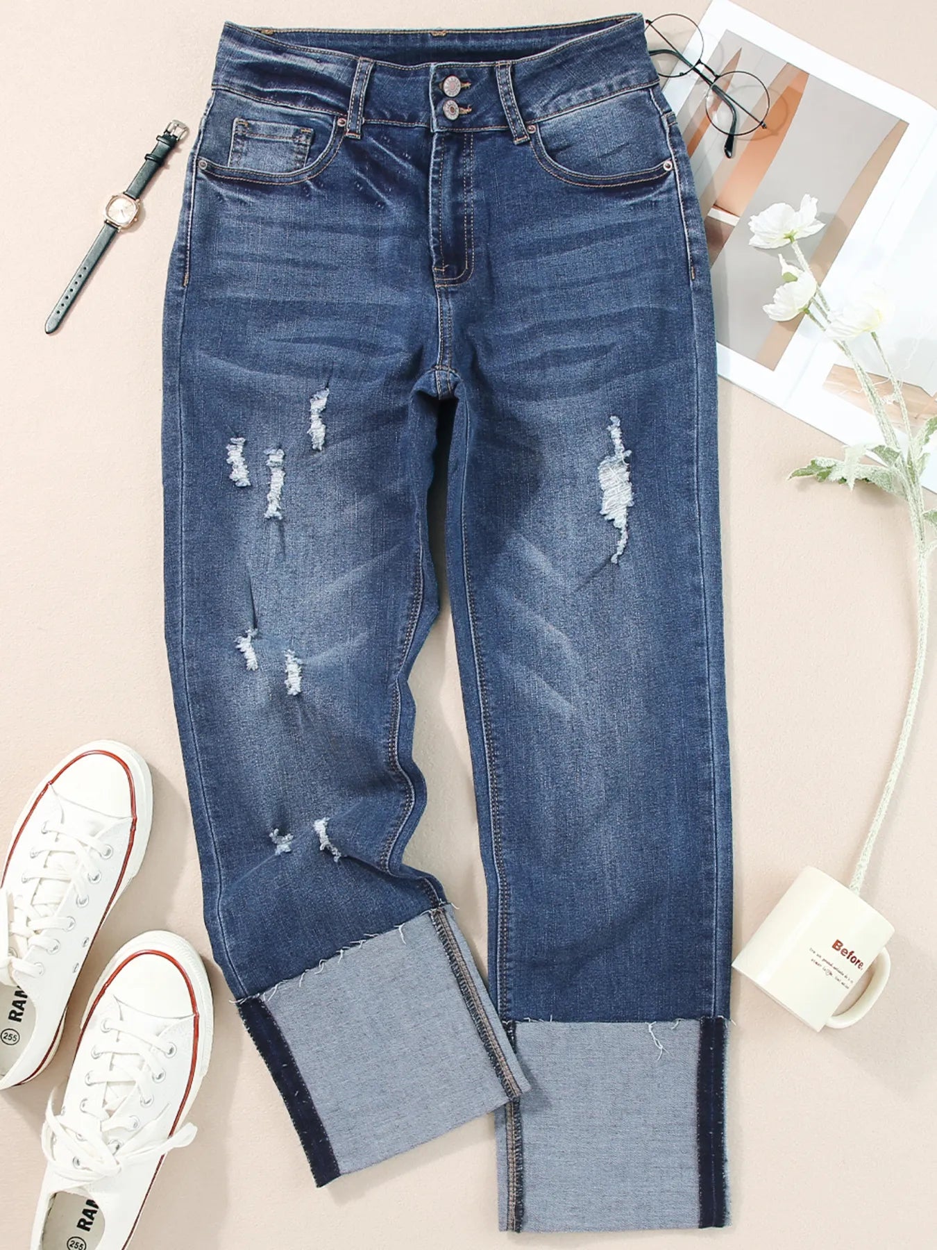 Hazel Blues® |  High Waist Distressed Straight Leg Jeans