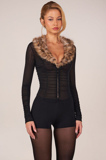 Faux Fur-Trim Playsuit in Black