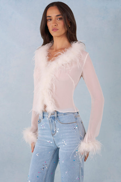 Feather Trim Sheer Top in Ivory