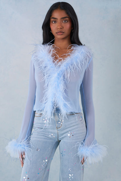 Feather Trim Sheer Top in Soft Blue