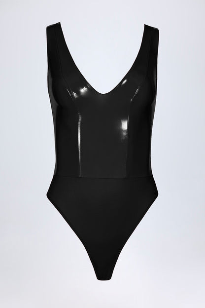 Glossy Vinyl Plunge-Neck Bodysuit in Black