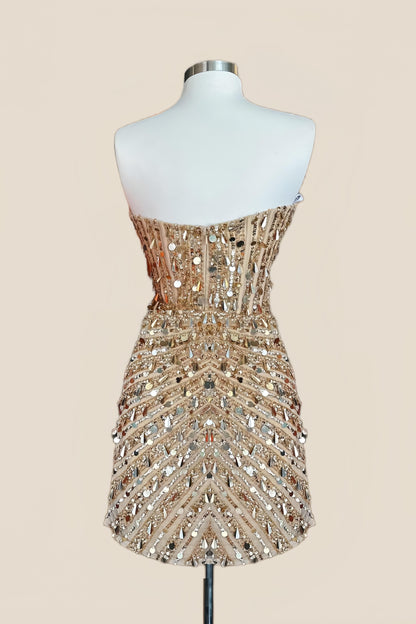 Strapless Gold Sequin Corset Tight Mini Dress