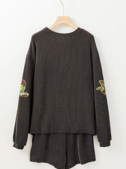 Hazel Blues® |  Flying Mallard Sequin Patched Ribbed Long Sleeve Top and Shorts Set