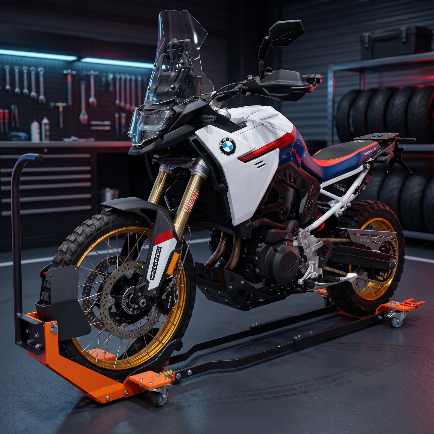 🔧 Heavy-Duty Motorcycle Wheel Chock Stand – 360° Movable Parking & Storage Rack for Secure Bike Handling