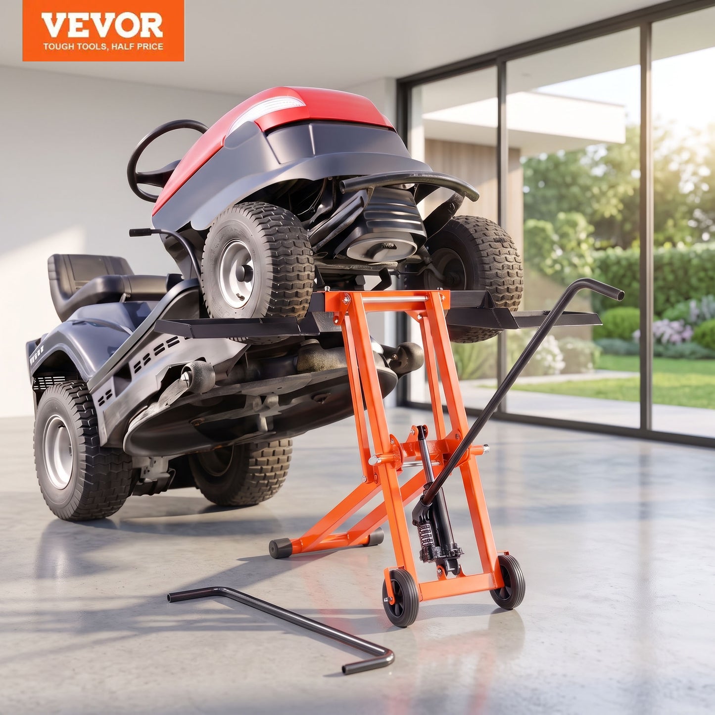 Lawn Mower Lift with Hydraulic Jack, 500 Lbs Weight Capacity, Solid Carbon Steel Lawn Mower Lift, Adjustable Movable Lawn Lifter for Riding Tractors and Zero Turn Lawn Mowers, Orange