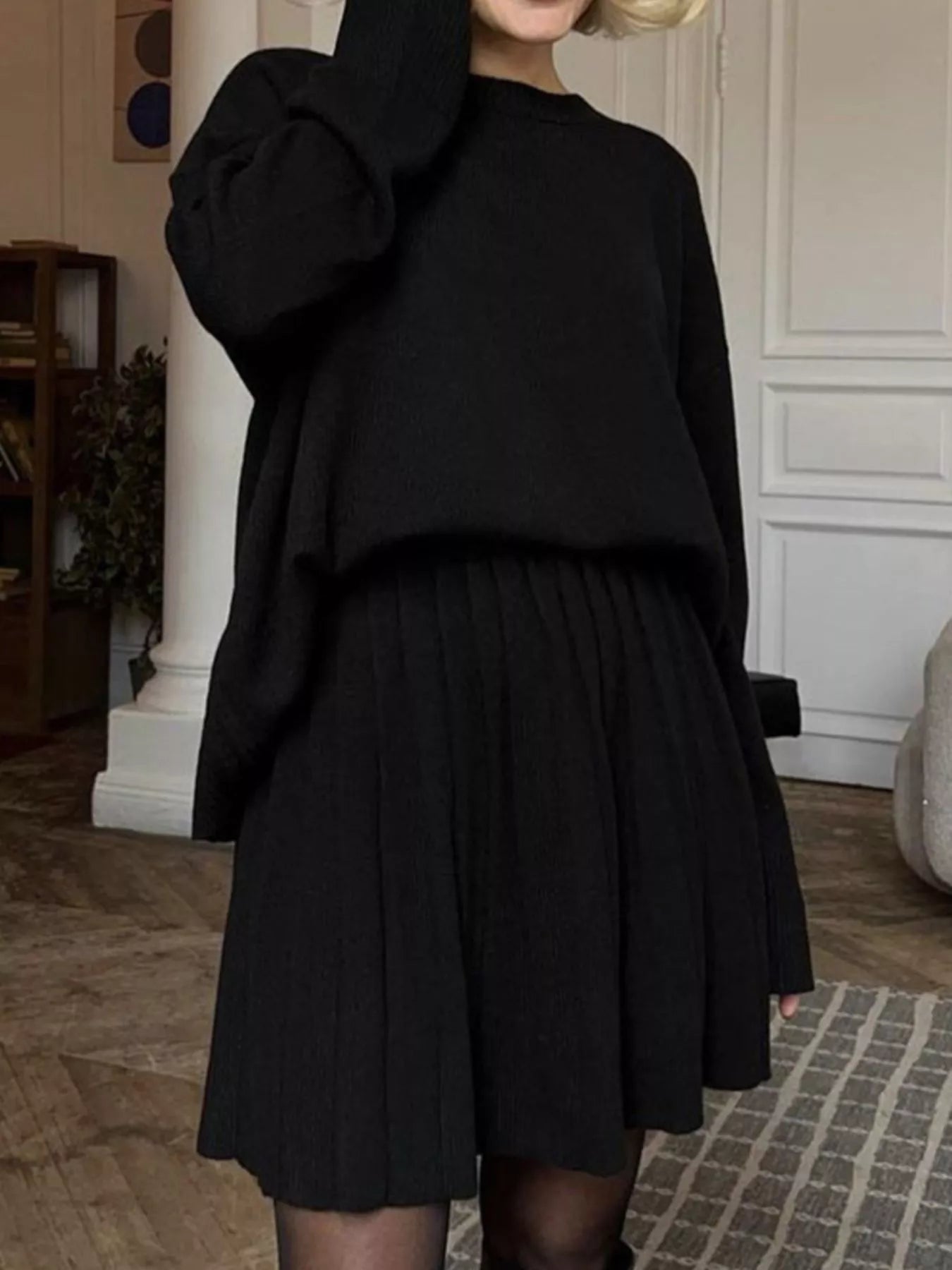 Hazel Blues® |  Round Neck Top and Pleated Skirt Sweater Set