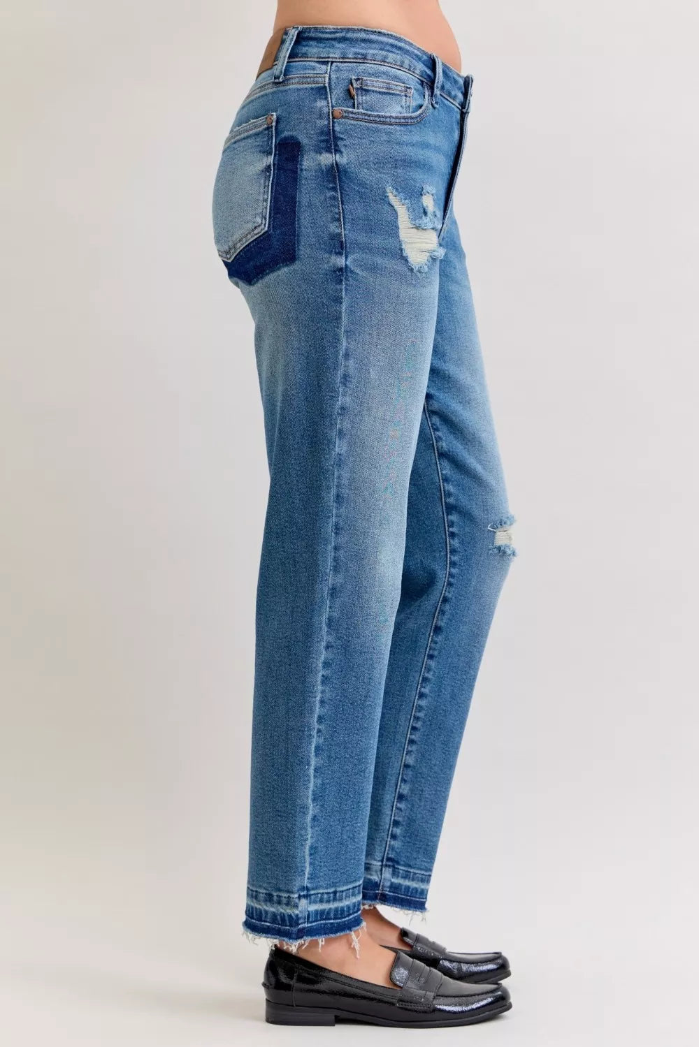 Hazel Blues® | Judy Blue Mid Rise Bf Patch & Repair Destroy Release Hem Jeans