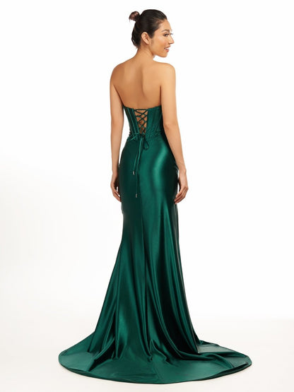 Dark Green Strapless Sheath Satin Long Prom Dress With Split