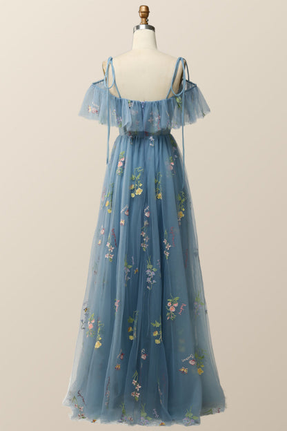 Lavender Floral Ruffles Tulle A-line Long Prom Dress