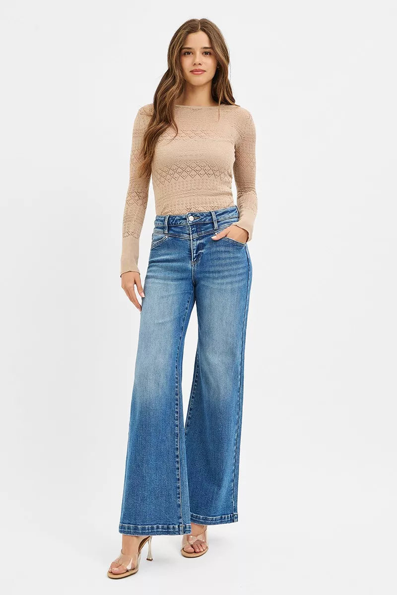 Hazel Blues® |  RISEN High Rise Wide Leg Jenas with Front Yoke and Heart Back Pocket