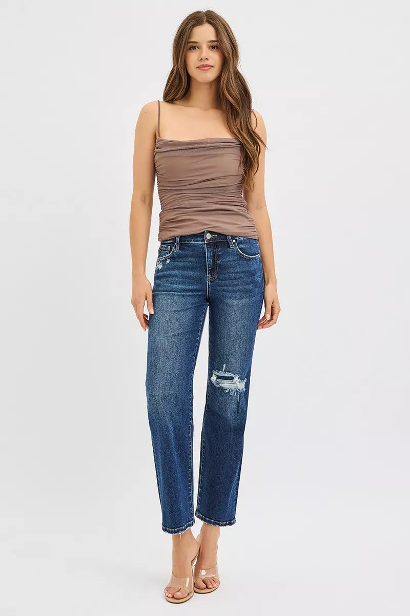 Hazel Blues® |  RISEN High Rise Crop Slim Straight Jenas with Hidden Knee Patch