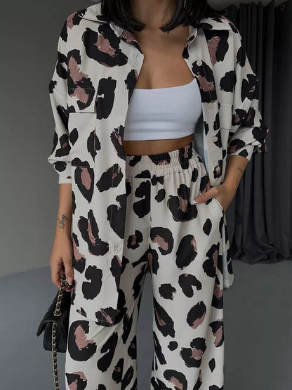 Hazel Blues® |  Leopard Print Relaxed Fit Shirt and Pants Two-Piece Set