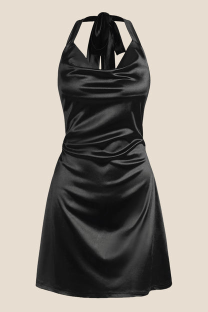 Navy Blue Cowl Neck Halter Soft Satin Mini Dress
