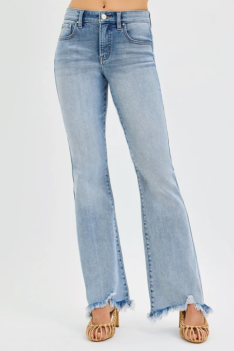 Hazel Blues® | RISEN Tummy Control Mid Rise Flare Jeans with Fray Hem Detailed