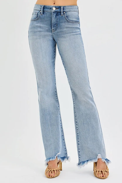 Hazel Blues® | RISEN Tummy Control Mid Rise Flare Jeans with Fray Hem Detailed