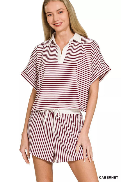 Hazel Blues® |  Zenana Striped Collared Top & Shorts Set