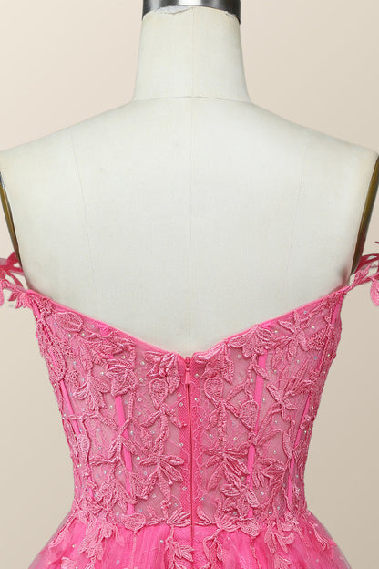 Off the Shoulder Hot Pink Lace Short Homecoming Dress