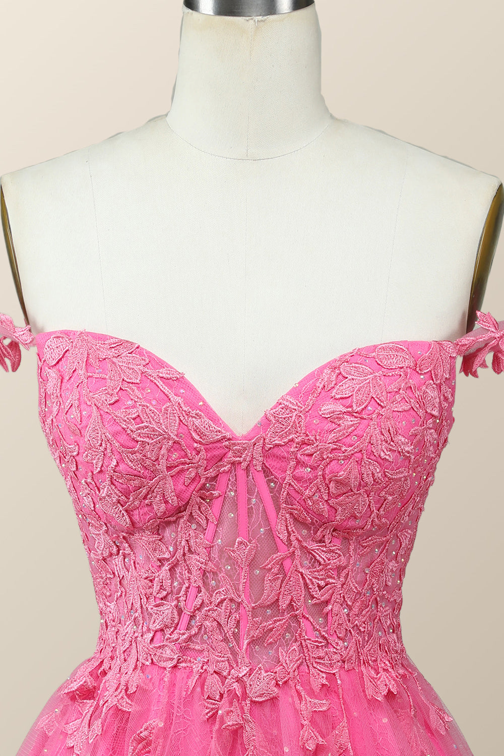 Off the Shoulder Hot Pink Lace Short Homecoming Dress