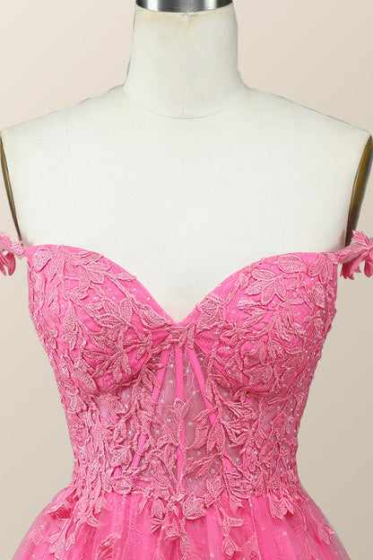 Off the Shoulder Hot Pink Lace Short Homecoming Dress
