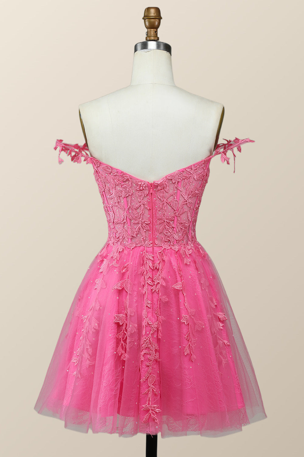 Off the Shoulder Hot Pink Lace Short Homecoming Dress