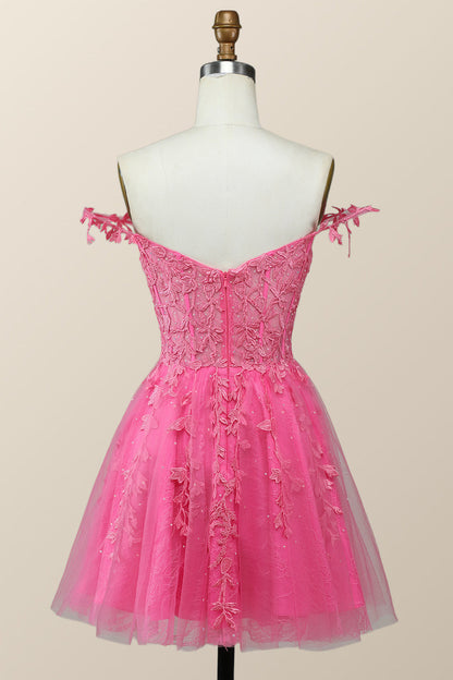 Off the Shoulder Hot Pink Lace Short Homecoming Dress