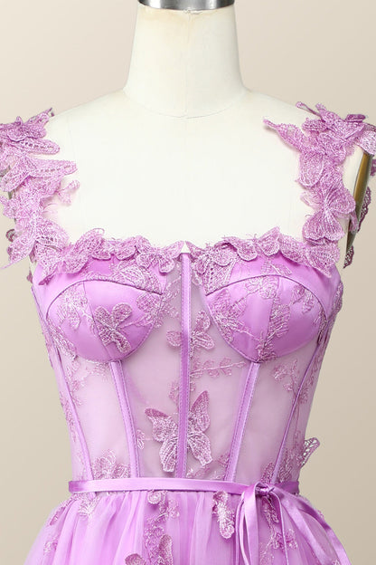 Lilac Butterfly Tulle A-line Midi Homecoming Dress