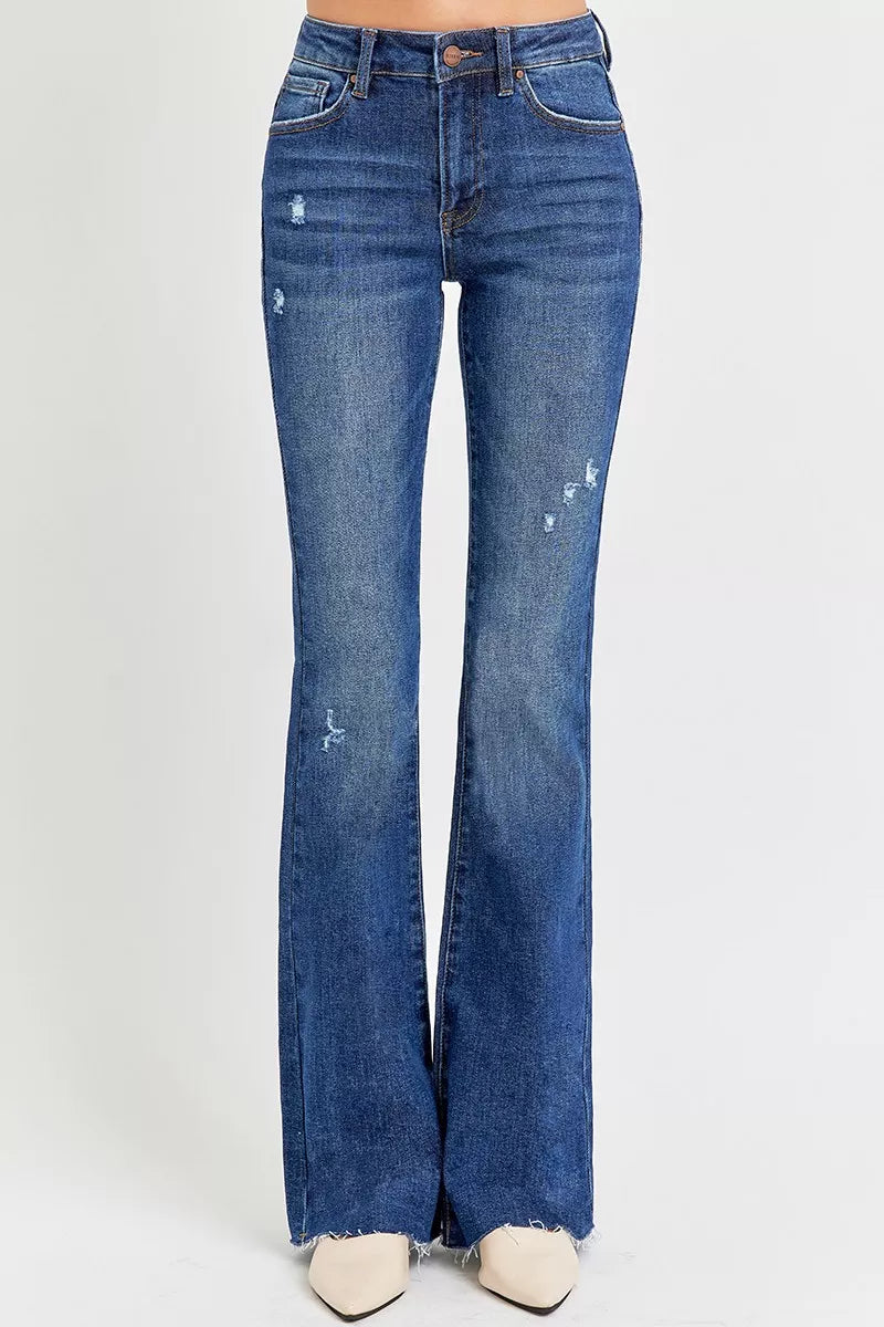 Hazel Blues® | RISEN Distressed Mid Rise Flare Jeans