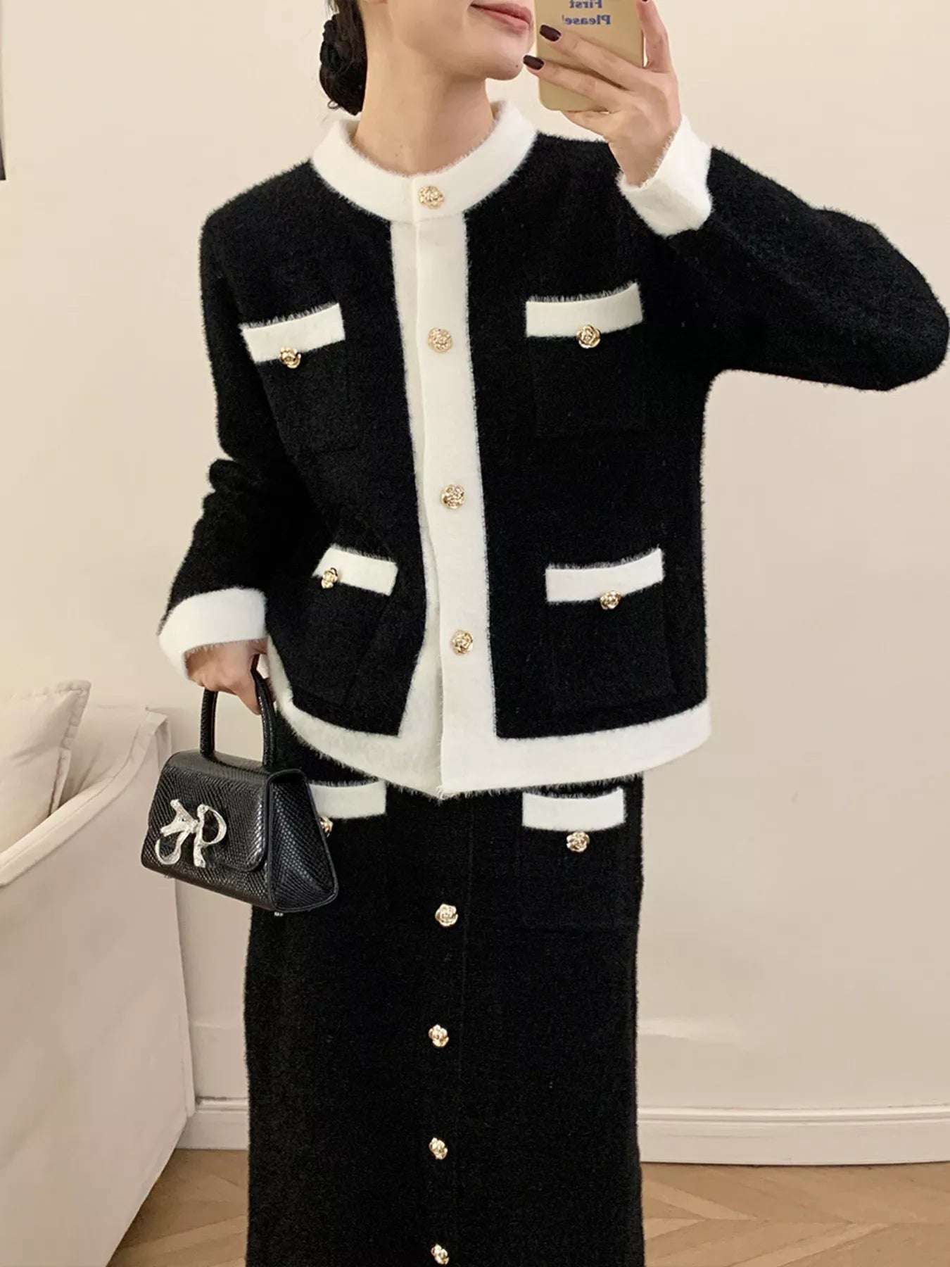Hazel Blues® |  Contrast Trim Jacket and Skirts Sweater Set