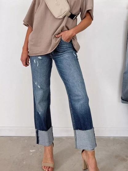 Hazel Blues® |  High Waist Distressed Straight Leg Jeans