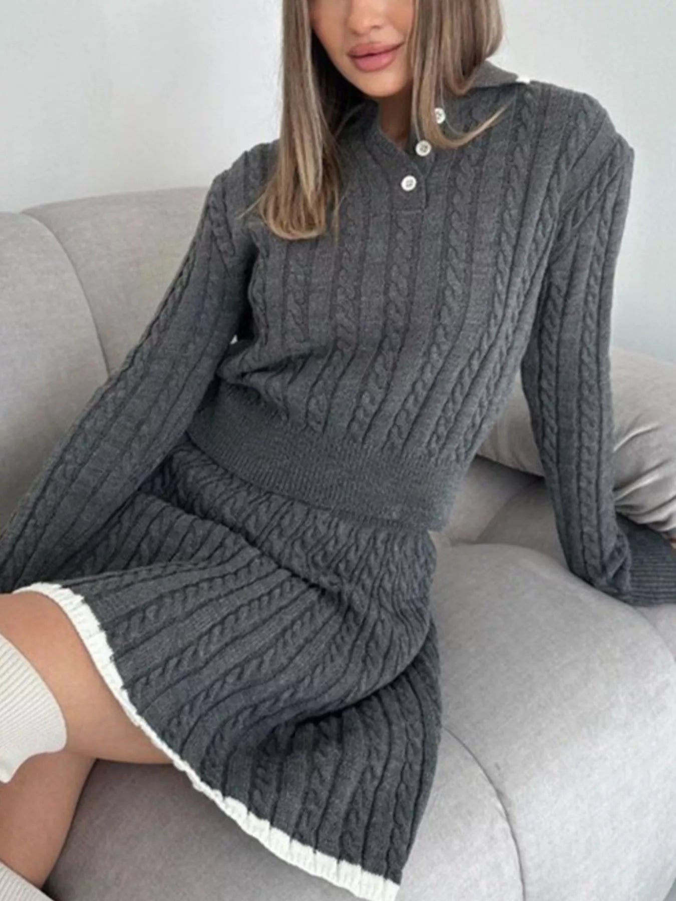 Hazel Blues® |  Cable Knit Long Sleeve Top and Skirt Sweater Set
