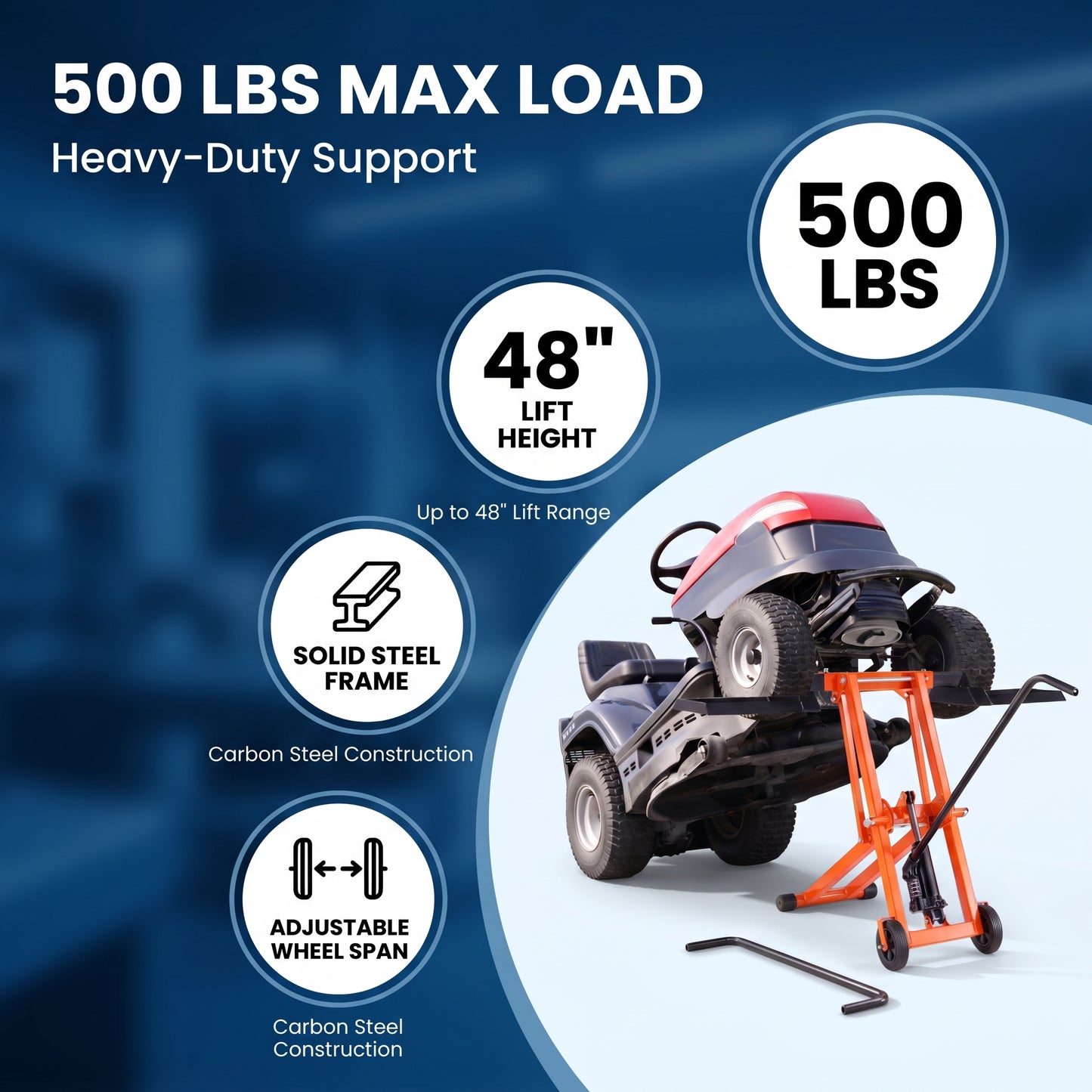 Lawn Mower Lift with Hydraulic Jack, 500 Lbs Weight Capacity, Solid Carbon Steel Lawn Mower Lift, Adjustable Movable Lawn Lifter for Riding Tractors and Zero Turn Lawn Mowers, Orange