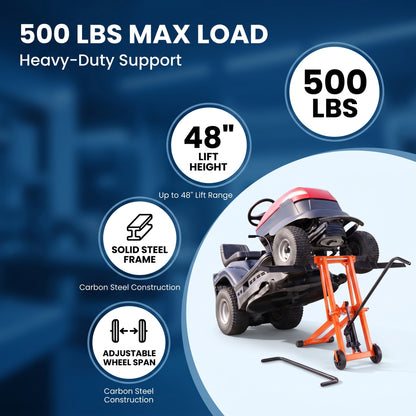 Lawn Mower Lift with Hydraulic Jack, 500 Lbs Weight Capacity, Solid Carbon Steel Lawn Mower Lift, Adjustable Movable Lawn Lifter for Riding Tractors and Zero Turn Lawn Mowers, Orange