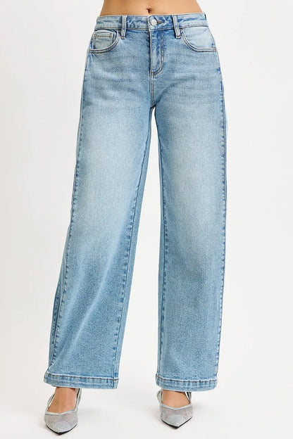 Hazel Blues® |  RISEN Mid Rise Wide Barrel Transferable Leg Snap Jeans
