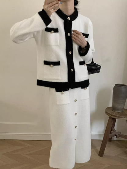 Hazel Blues® |  Contrast Trim Jacket and Skirts Sweater Set