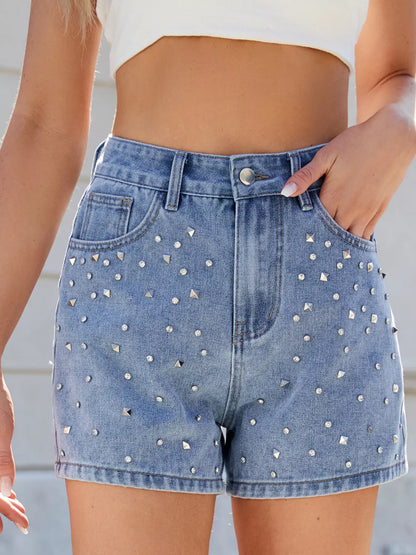 Hazel Blues® |  Studded High Waist Denim Shorts