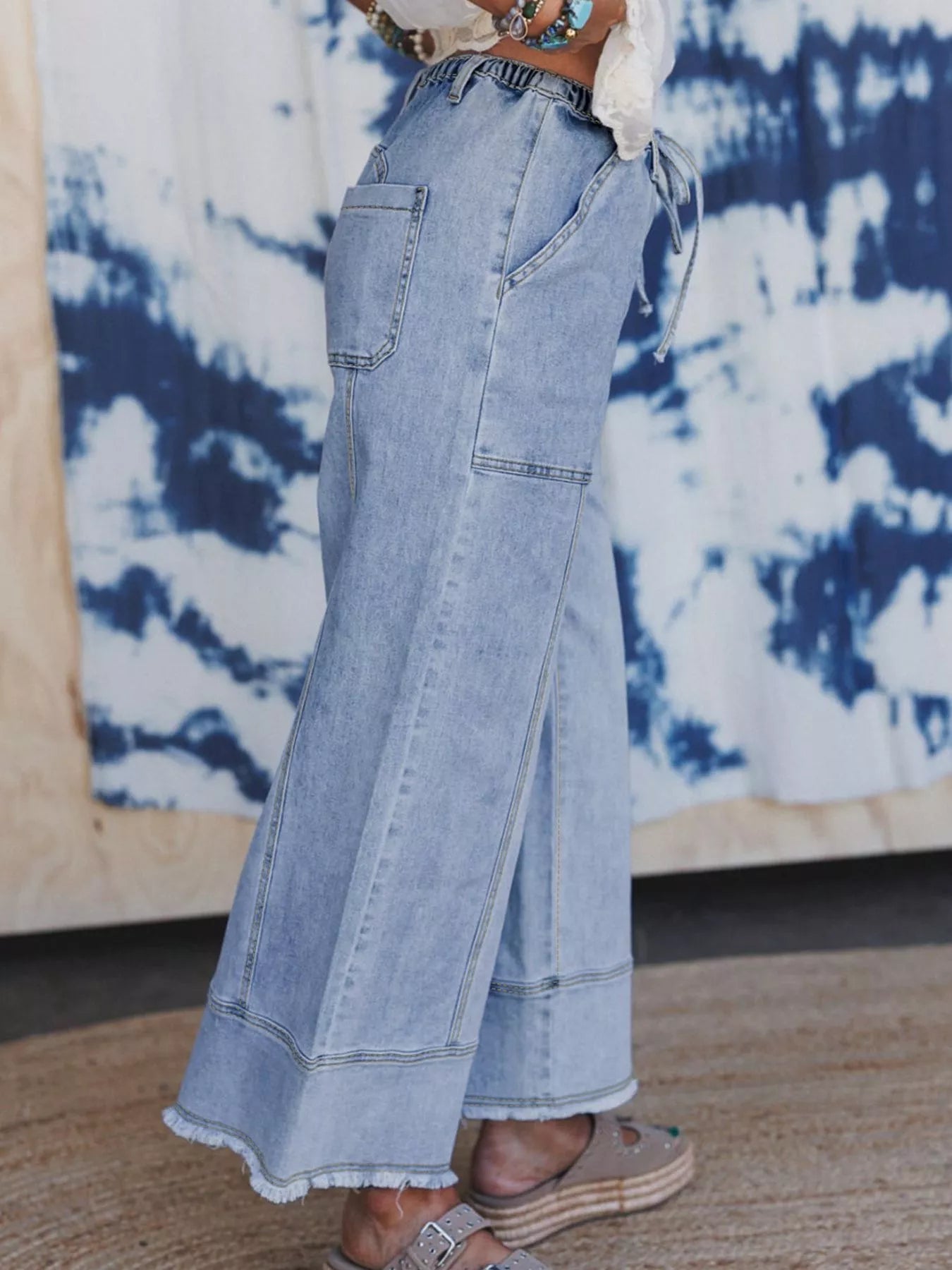 Hazel Blues® |  Wide Leg Drawstring Raw Hem Jeans