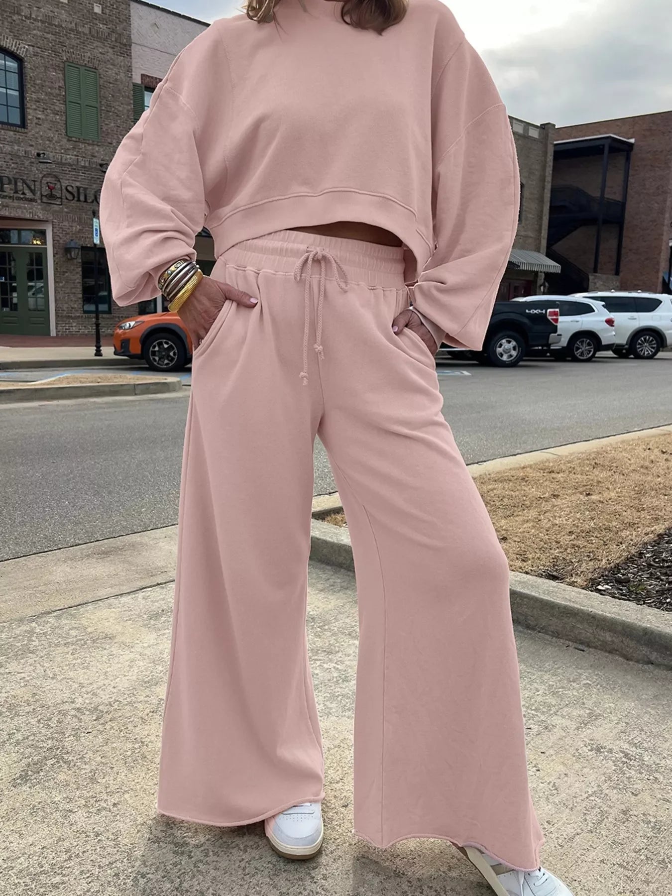 Hazel Blues® |  Drop Shoulder Puff Sleeve Crop Top and Drawstring Wide Leg Pants Set