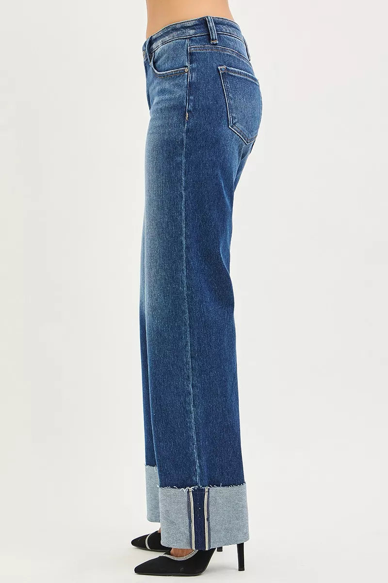 Hazel Blues® |  RISEN Mid Rise Wide Straight Jeans With Wide Cuff
