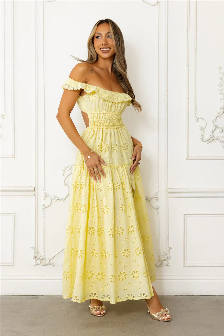 Secrets You Keep Off Shoulder Embroidered Maxi Dress