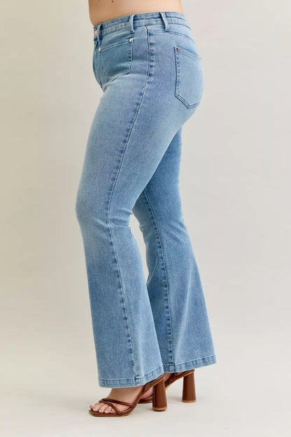 Hazel Blues® | Judy Blue Mid Rise Bootcut Jeans with Contrast Wash & Front Patch Pockets