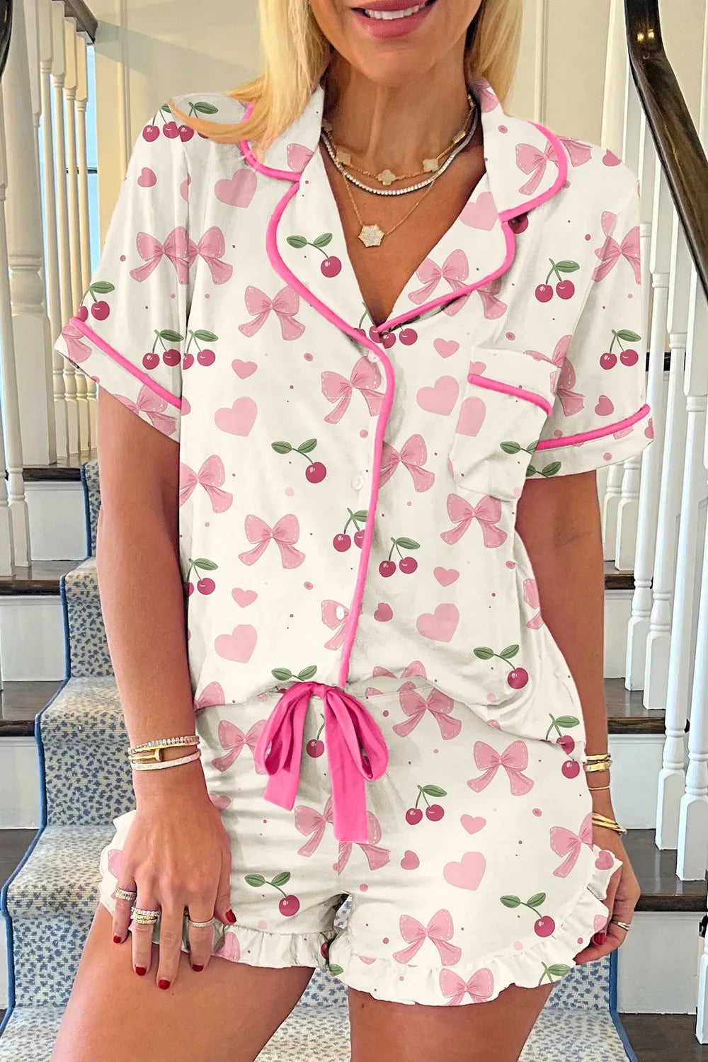 Hazel Blues® |  Printed Button Up Short Sleeve Top and Shorts Lounge Set