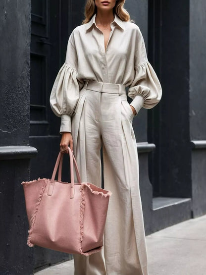 Hazel Blues® |  Lantern Sleeve Shirt and Wide Leg Pants Set